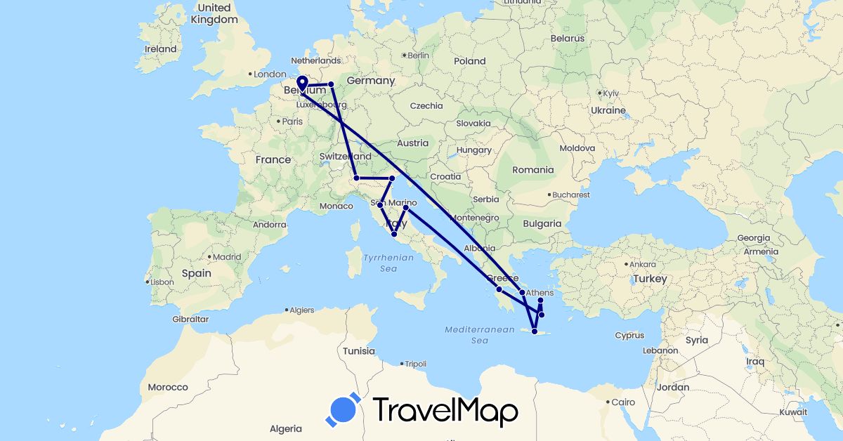 TravelMap itinerary: driving in Belgium, Germany, Greece, Italy (Europe)